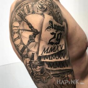 Tattoo Clock and calendar on the upper arm motif: black and gray style: realistic