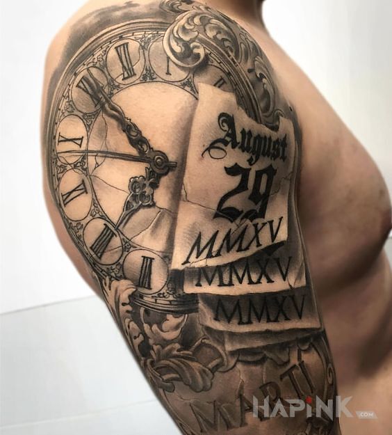 Tattoo Zegar i kalendarz in objects motif and realistic style on the upper arm
