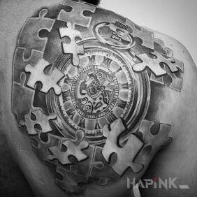 Tattoo Puzzle of time on the shoulder blades motif: 3D style: realistic