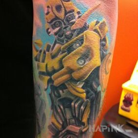 Tattoo Bumblebee on the forearm motif: characters style: realistic