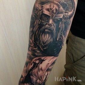 Tattoo Horned Odin on the forearm motif: 3D style: realistic