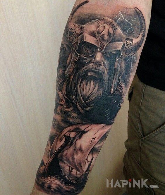 Tattoo Rogaty Odyn in faces motif and realistic style on the forearm