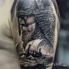 Tattoo An aging Viking on the upper arm motif: 3D style: realistic