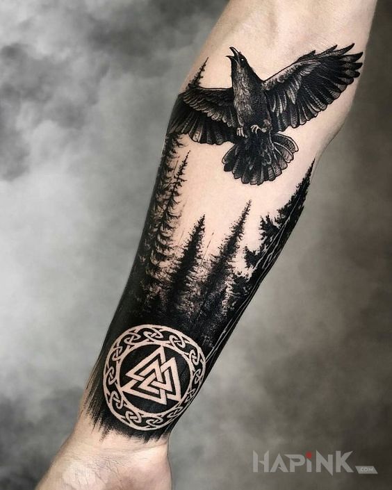 Tattoo Nordycka runa in black and gray motif and graphic / illustrative style on the forearm