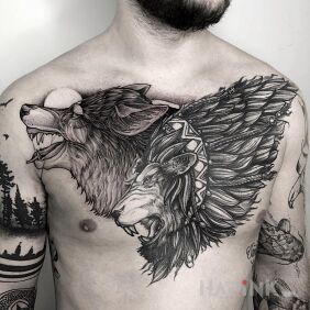 Tattoo The Wolf and the Lion on the collarbone motif: animals style: graphic / illustrative