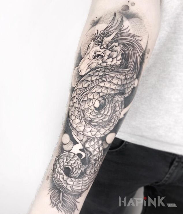 Tattoo Bajkowy smok in dragons motif and graphic / illustrative style on the forearm
