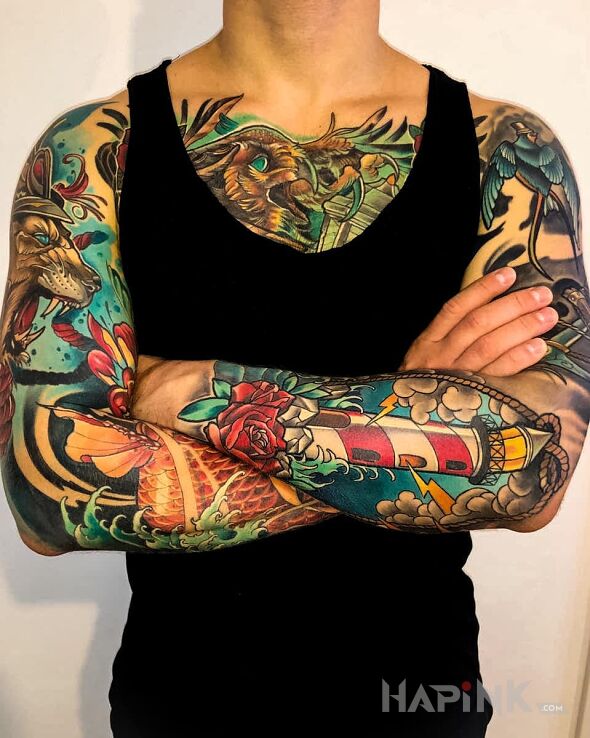 Tattoo Niczym kolorowanka in sleeves motif and neo-traditional style on the forearm