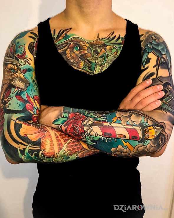 Tatuaż niczym kolorowanka w motywie kwiaty i stylu neotradycyjne na ramieniu