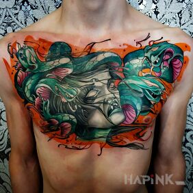Tattoo Medusa in color on the chest motif: faces style: newschool