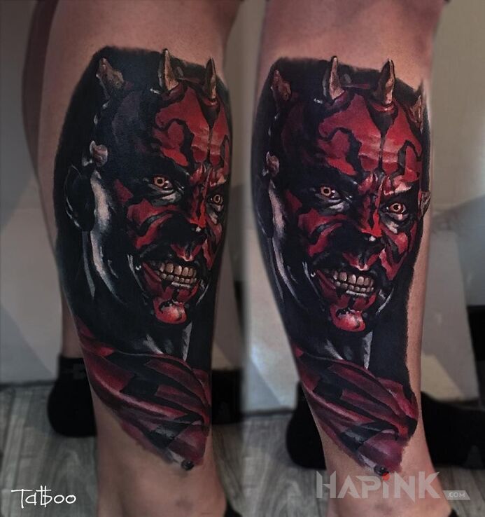 Tattoo Darth Maul in characters motif and realistic style on the leg