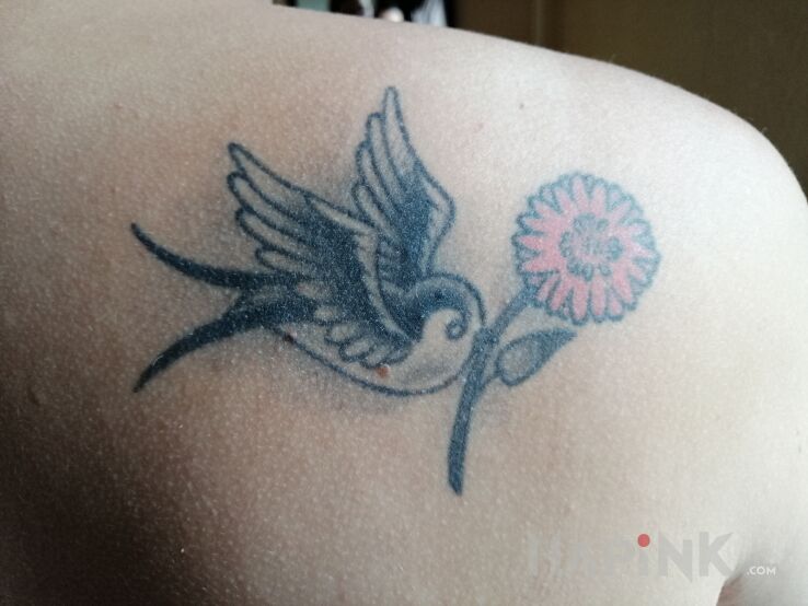Tattoo Ptak in flowers motif and graphic / illustrative style on the shoulder blades
