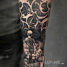 Tattoo Boy with a teddy bear, childhood, passing of time on the forearm motif: characters style: realistic