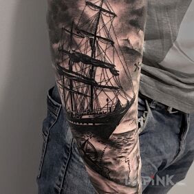Tattoo Sea, travel, ship, map on the forearm motif: other style: realistic