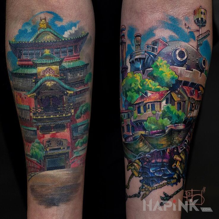 Tattoo Chińska pagoda in colorful motif and realistic style on the forearm