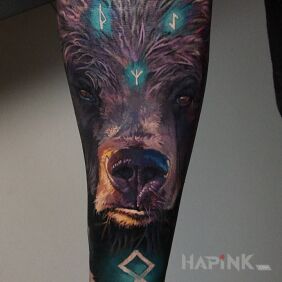 Tattoo Rune bear on the forearm motif: 3D style: realistic
