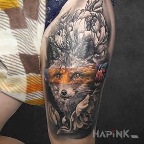 Tattoo Not exactly a red fox on the leg motif: flowers style: realistic