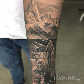 Tattoo Man with dog On the arm motif: 3D style: realistic