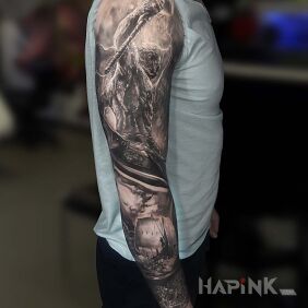 Tattoo Viking-style sleeve on the forearm motif: characters style: realistic