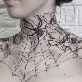 Tattoo Spider and spider on the neck motif: flowers style: graphic / illustrative