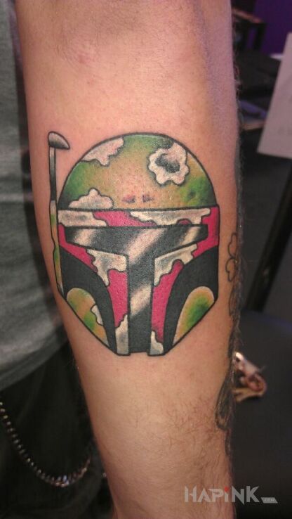 Tattoo Boba Fett in characters motif on the forearm
