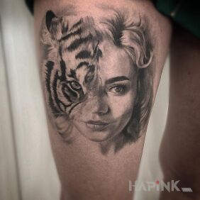 Tattoo Tigress :) on the leg motif: faces style: realistic