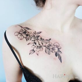 Tattoo Cherry branch on the collarbone motif: black and gray style: realistic