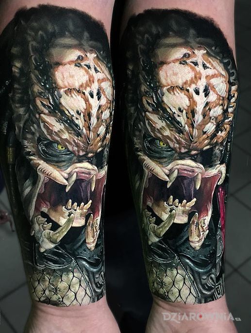 Tatuaż predator jak zywy w motywie kolorowe i stylu realistyczne na przedramieniu