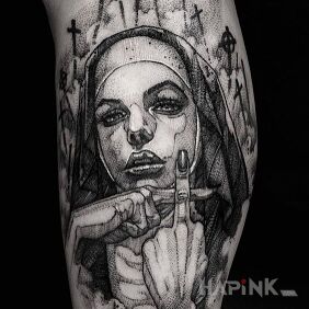 Tattoo Vulgar nun on the calf motif: religious style: sketch