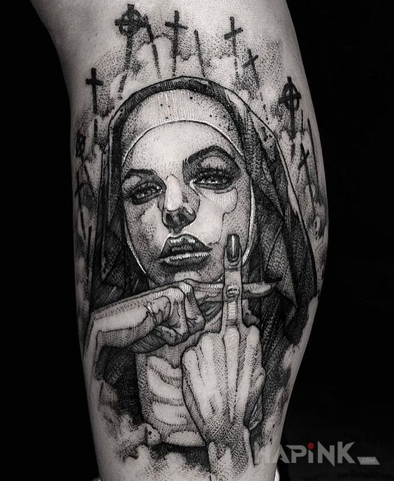 Tattoo Wulgarna zakonnica in religious motif and sketch style on the calf