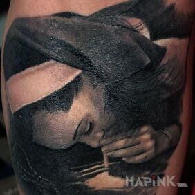 Tattoo Nose powder on the leg motif: black and gray style: realistic