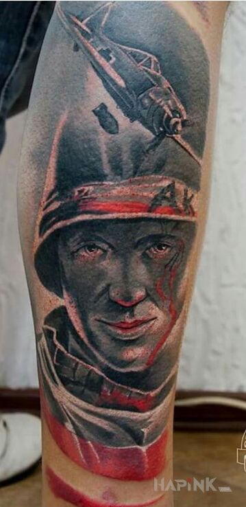 Tattoo AK-PW in black and gray motif and realistic style on the leg