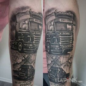 Tattoo Scania On the arm motif: black and gray style: realistic