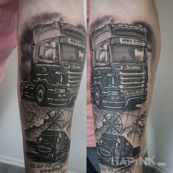 Tattoo Scania in motorization motif and realistic style On the arm