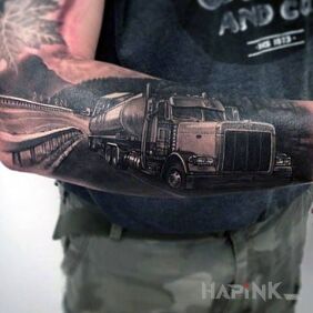 Tattoo Truck on the road on the forearm motif: motorization style: realistic