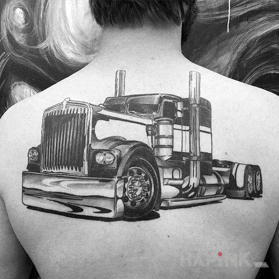 Tattoo Kawał ciężarówy in motorization motif and realistic style on the back