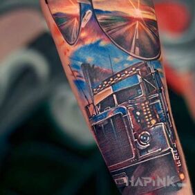 Tattoo Sunny route on the forearm motif: colorful style: realistic