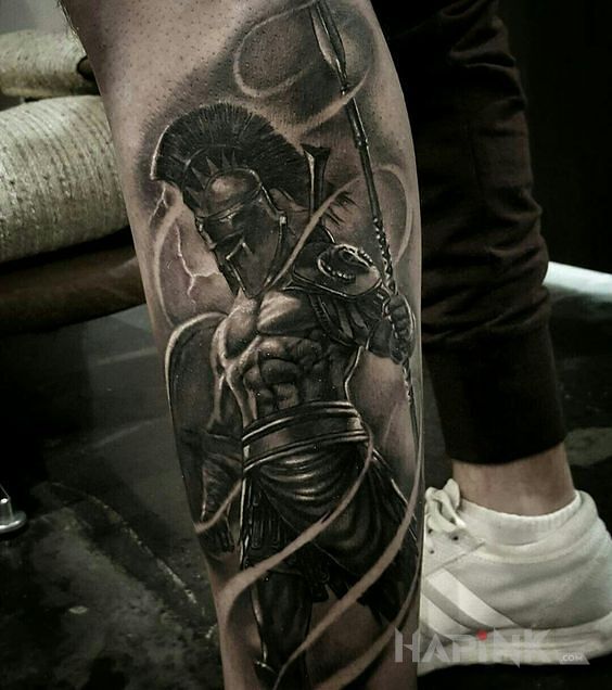 Tattoo Spartanin in 3D motif and realistic style on the calf