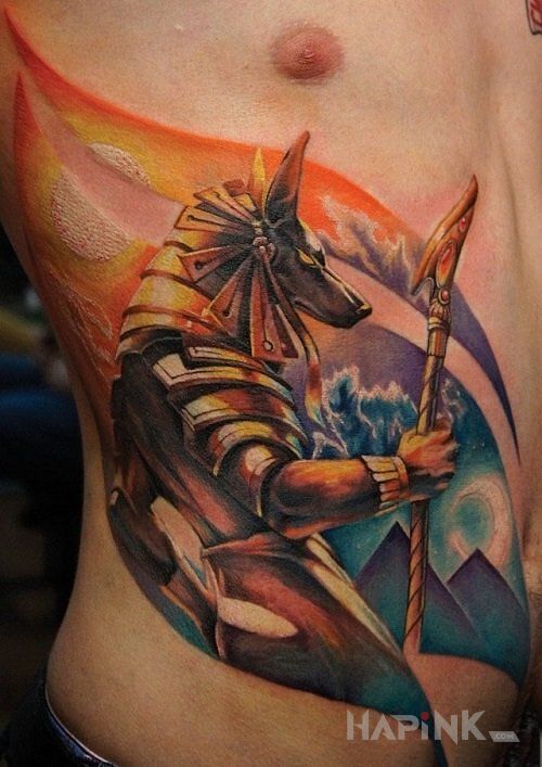 Tattoo Kolorowy anubis in characters motif and graphic / illustrative style on the stomach