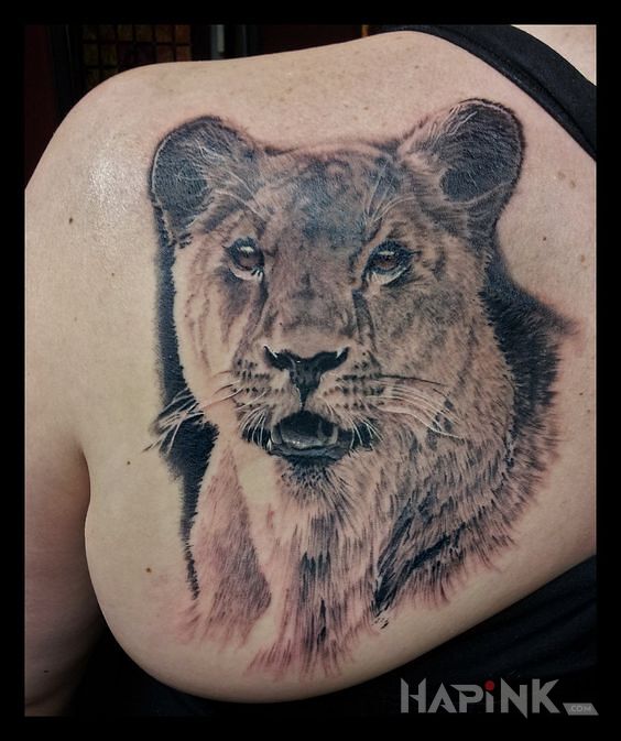 Tattoo Realistyczna lwica in black and gray motif and realistic style on the shoulder blades