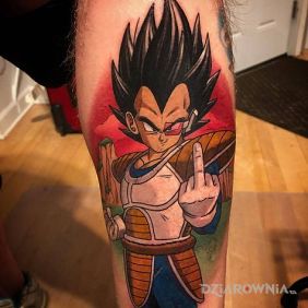 Tatuaż Fucker od vegety na łydce motyw: kolorowe styl: kreskówkowe / komiksowe