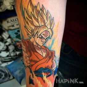 Tattoo Smiling Songo on the forearm motif: colorful style: cartoon / comic book