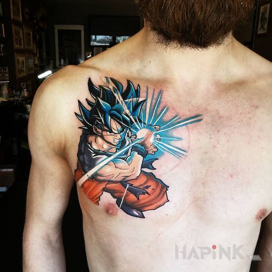Tattoo Ka me cha me in characters motif and graphic / illustrative style on the chest