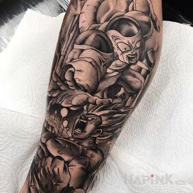 Tattoo Songo vs Freezer on the calf motif: black and gray style: graphic / illustrative