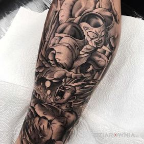 Tatuaż Songo kontra Freezer na łydce motyw: manga / anime styl: graficzne / ilustracyjne