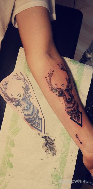 Tatuaż poroże jelenia i strzała w motywie zwierzęta i stylu graficzne / ilustracyjne na przedramieniu