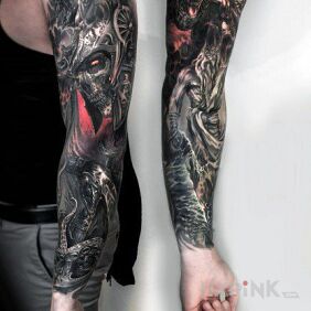 Tattoo Forces of darkness on the forearm motif: 3D style: realistic