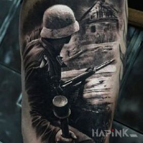Tattoo Grenade toss on the calf motif: black and gray style: realistic
