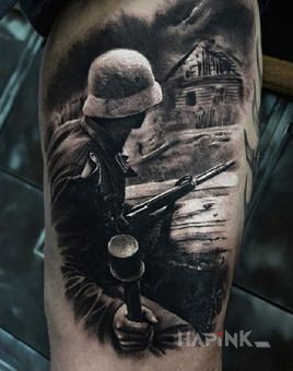 Tattoo Rzut granatem in black and gray motif and realistic style on the calf