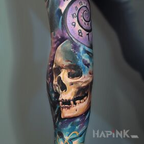 Tattoo Colorful sleeve, skull/clock on the forearm motif: 3D style: realistic