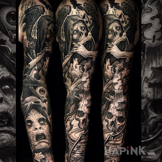 Tattoo Kościej in sleeves motif and realistic style on the upper arm